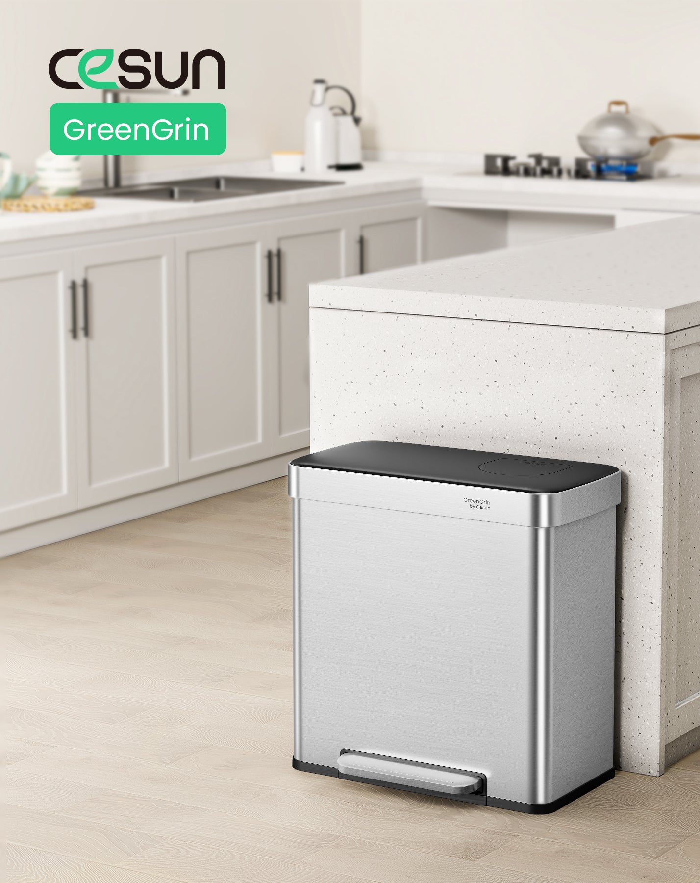 GreenGrin Dual Compartment Trash Can, 8 + 8 Gallons