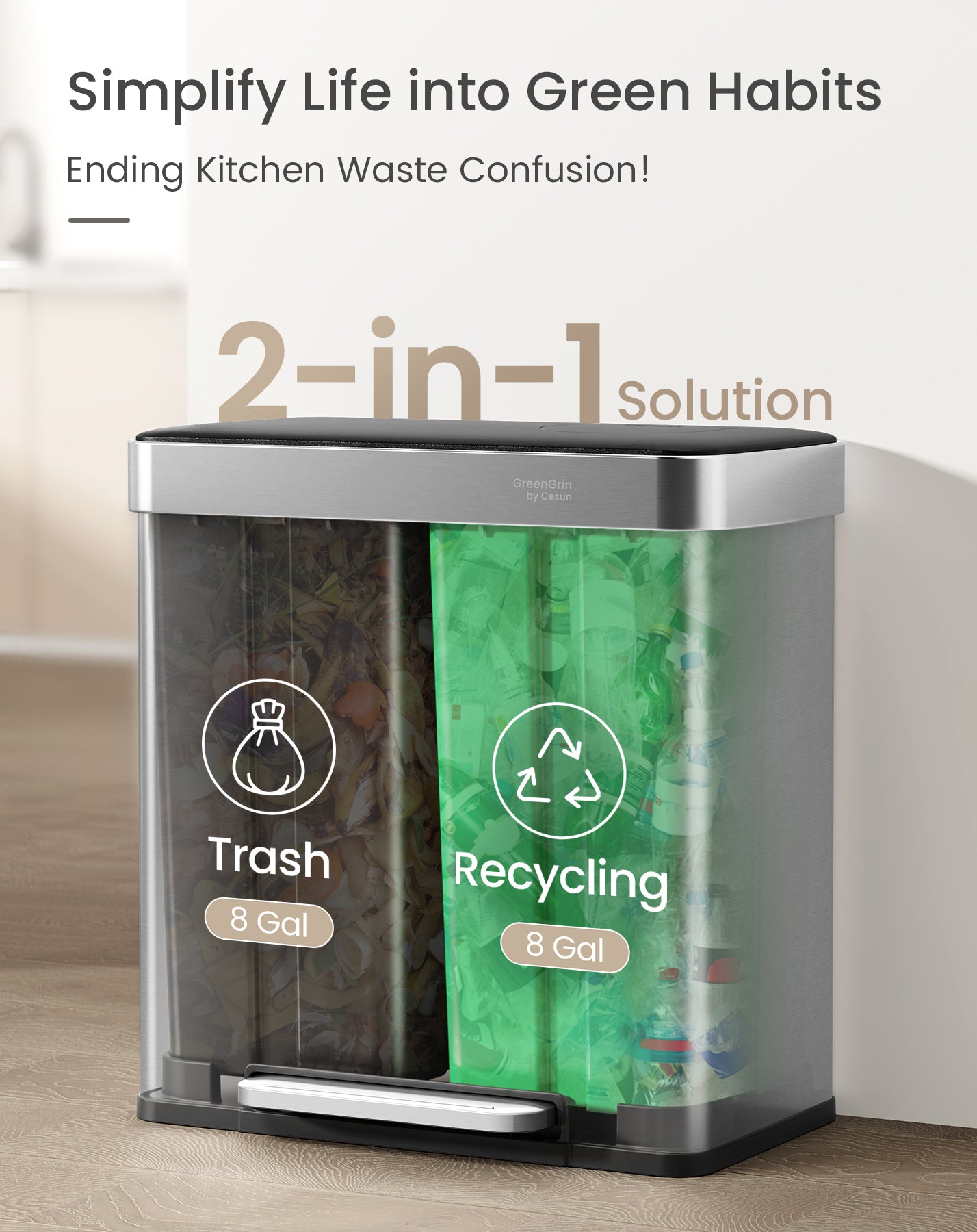 GreenGrin Dual Compartment Trash Can, 8 + 8 Gallons