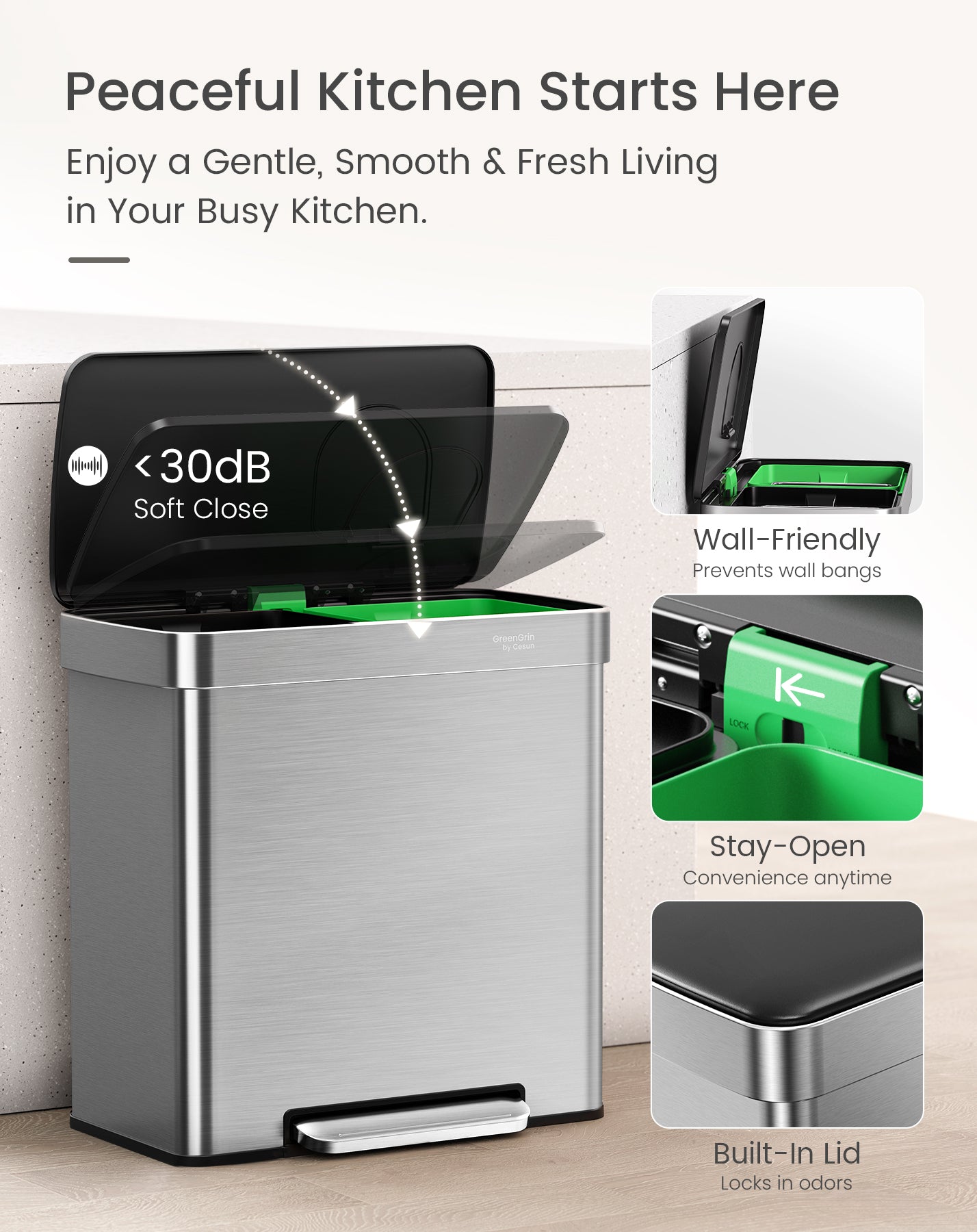 GreenGrin Dual Compartment Trash Can, 8 + 8 Gallons